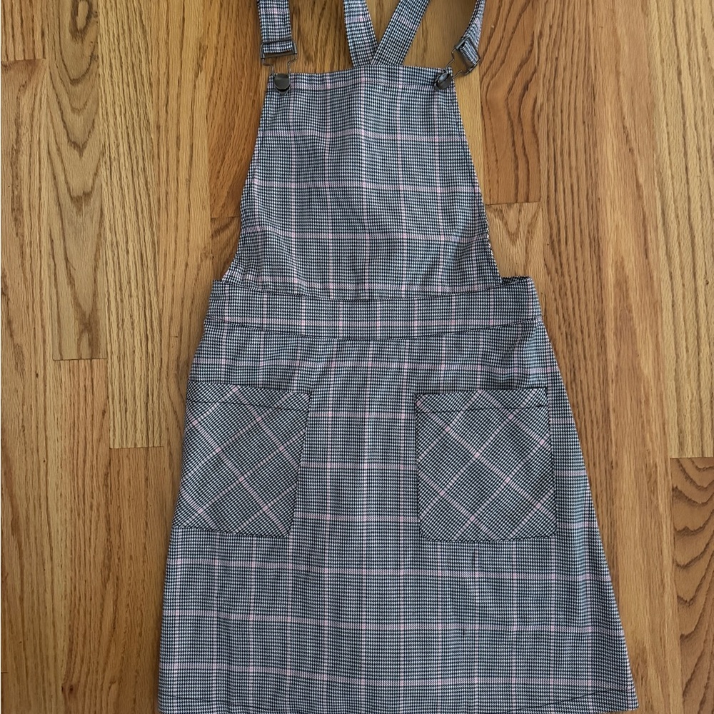 Gray/Pink Plaid Overall Dress